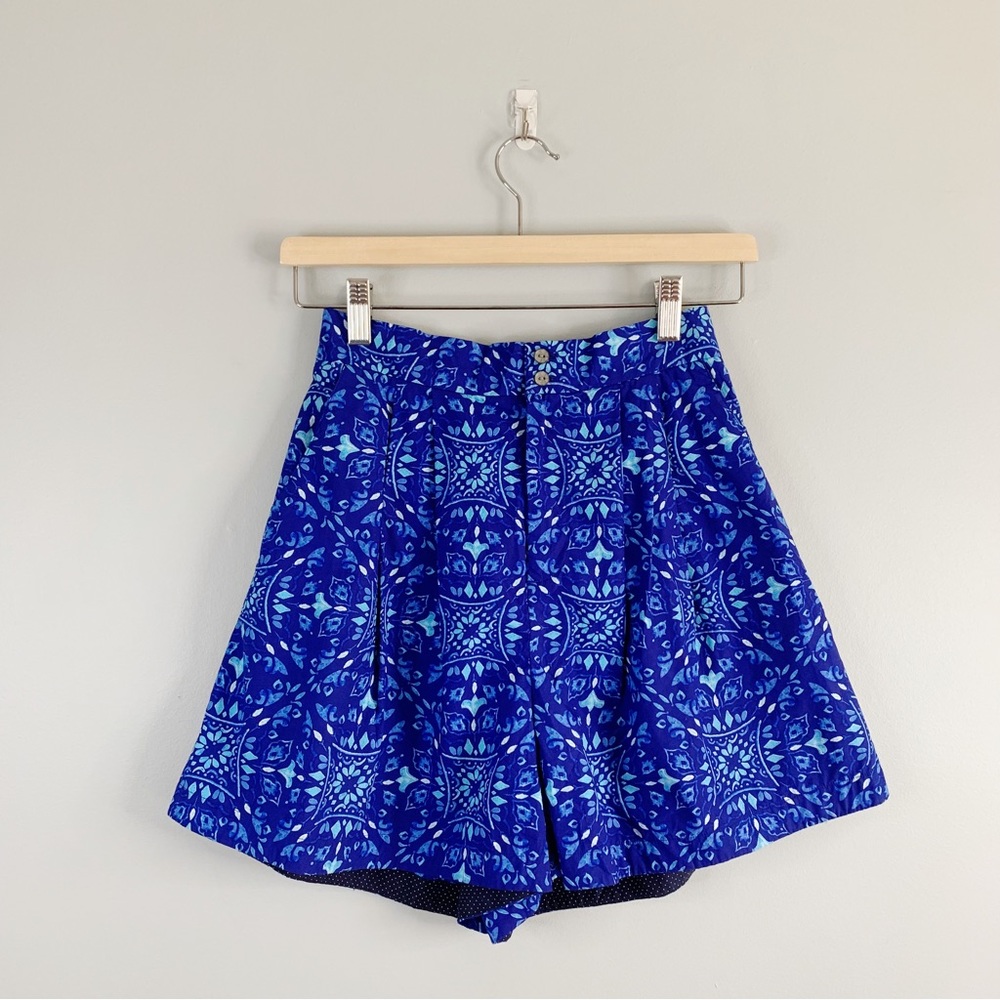 Anthropologie Maeve Blue Pleated Lightweight Shorts Pockets Geometric XS 2